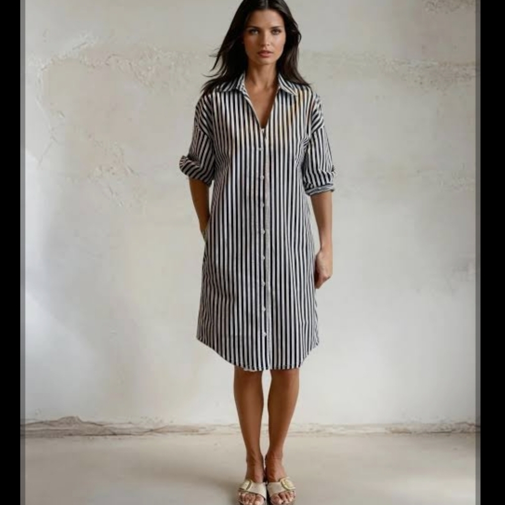 H&M Black and White Striped Long Sleeve Shirt Dress